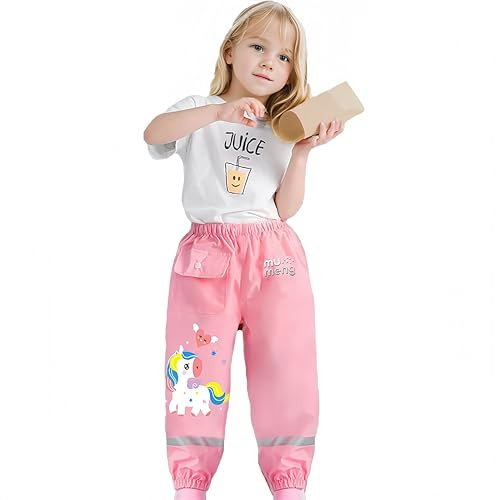 Coralup Toddlers Kids Rain Waterproof Pants Little Boys Mud Dirty Proof Trousers Kids Lightweight Rainwear Pink Horse 4-5 Years