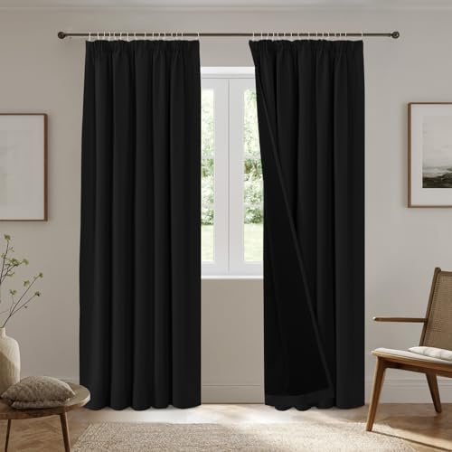 BellaHills 100% Verdunklungsvorhänge mit Kräuselband Modern Gardinen Abdunkelnde Vorhänge Wohnzimmer Schlafzimmer Fenster Gardine Verdunkelung Thermovorhang, 2er Set H245 x B140 cm, Schwarz