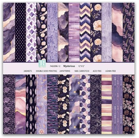MerwDeeyt Scrapbook Papier Blumen Muster Bastelpapier (Dunkelviolett) | 24 Blat, Doppelseitiges, 30,5x30,5 cm/12x12 in, Boho Dekorpapier, Buntes Motivpapier, für Journal Scrapbooking