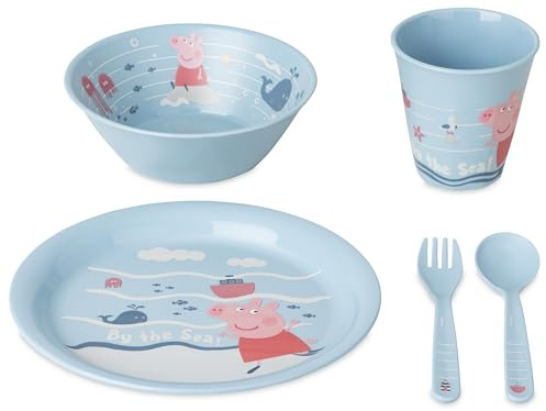 Koziol PEPPA PIG WAVES AT HOME Kindergeschirrset 5-teilig | Teller + Schale + Becher + Besteckset | für Kinder ab 6 Monate | biozirkulärer Kunststoff, bruchfest, spülmaschinengeeignet