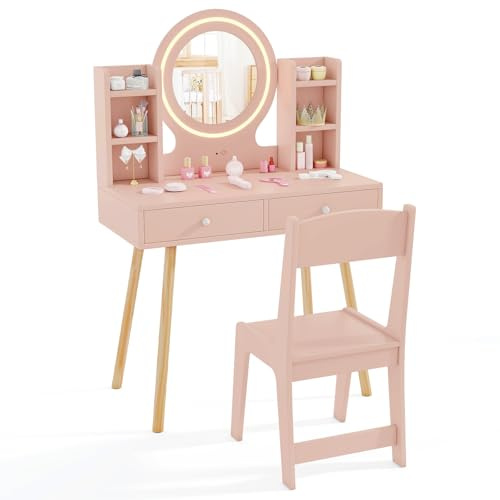 COSTWAY Kids Dressing Table, Girls Vanity Set with Stool, 2-Color LED Lights Mirror, Drawers, Storage Shelves, Make Up Pretend Dresser Desk Chair Set (Dusty Pink)