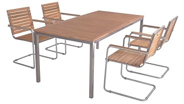 DELUKE Garten-Sitzgruppe Paul 5-TLG. Tisch + 4X Freischwinger Braun Teak Silber Edelstahl | Gartenmöbel-Set Gartengarnitur Garten-Essgruppe mit Stühlen und Esstisch
