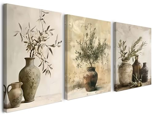 Alptiny Wandbilder Wohnzimmer Set 3er 30x40 cm mit Rahmen – Mediterrane Leinwandbilder Olivenzweig & Vase, Moderne Poster & Wanddeko Wohnzimmer, HD Druck, Mit Haken & Klett, Ohne Bohren