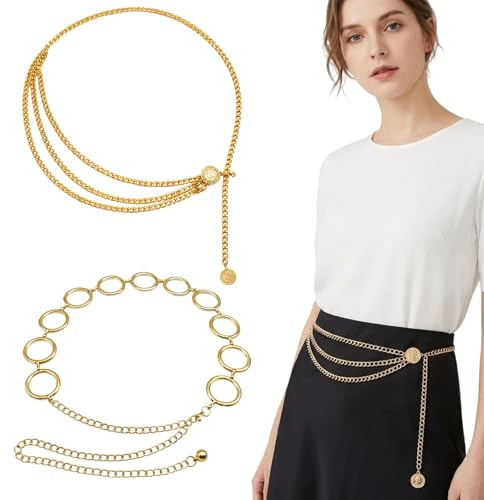 ZKFSIE 2-Pack Gold Chain Belt Set for Women – Adjustable Gold Waist Chain & Chain Belts for Women, Fashion Waist Chain for Dresses Jeans Trousers