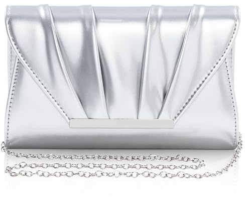 Toptime Damen Clutch, Plissierte Lack Leder Abendtasche mit Abnehmbarer Kette, Elegante Umschlag Handtasche Damen mit Metallleiste, Mode Brauttasche für Hochzeit Abschlussball Party Dating (Silber)