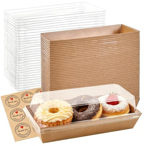 50 Pack Paper Charcuterie Boxes with Clear Lids, 19cm Kraft Paper Sandwich Platter Trays with Coating, Long Oil-Proof Food Containers Dessert Boxes for Bakery, Slice Cake, Cake Roll, Cookies - Brown