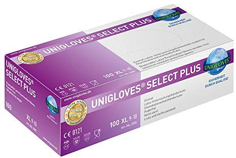 Guantes desechables de látex (100 unidades), color blanco Sin polvo – Unigloves Select Plus (S)