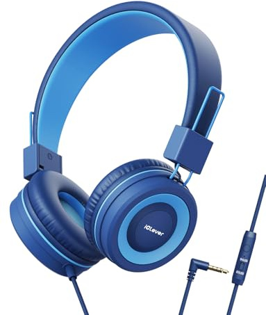 iClever HS14 Kids Wired Headphones, Light Blue, 85dB Volume Limiter, Stereo Sound, Built-in Mic, 3.5mm Audio Jack Compatible, 6.1 Ounces