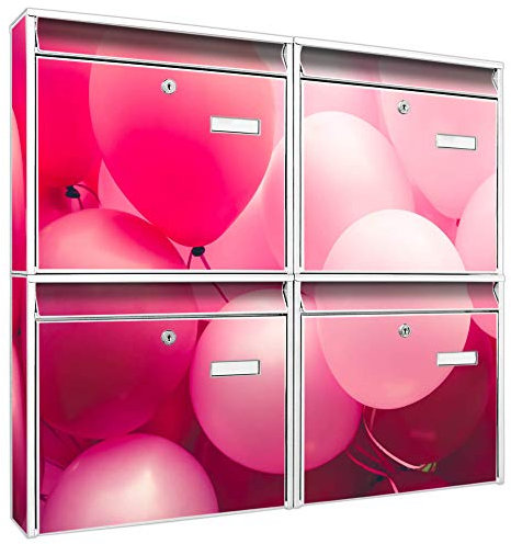 banjado Briefkastenanlage 4 Fach - Postkästen groß - verzinkter Stahl weiß DIN A4 Motiv Rosa Ballons 2 - Briefkasten Set 4 Briefkästen Namensschild, 2 Schlüssel, Montagematerial