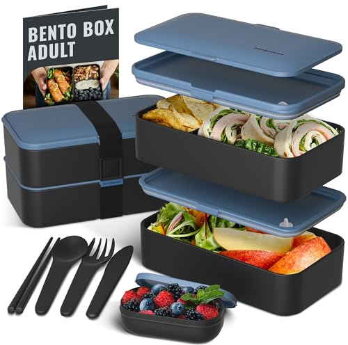 Boîte à bento de qualité supérieure en 8 couleurs modernes – 2 compartiments, étanche – Comprend une tasse à sauce, un séparateur, des couverts et des baguettes – Boîte à bento japonaise de 1,2 l pour