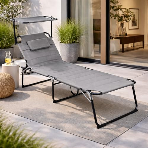 Mojawo XXL Gartenliege Sonnenliege Relaxliege Liege Aluminium mit Kissen und Sonnendach gepolstert klappbar Grau L200xB70xH45/95cm
