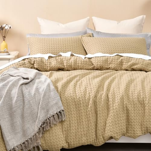 PHF 100% Cotton Waffle Duvet Cover King, Ultra Soft Skin-Friendly Duvet Cover Set for All Season, Luxury Decorative Textured Comforter Cover with Pillow Shams Bedding Collection, 104x90, Khaki
