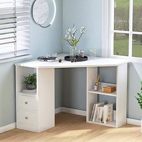 Merax Corner Computer Desk, L-Shaped Triangle Study Desk with 2 Drawers, Large Storage Space, Environmental Wood for Office or Home, PC Laptop Table, White