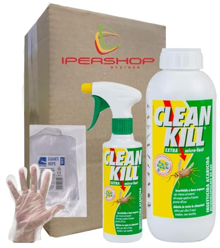 CLEAN KILL EXTRA SET INSETTICIDA-ACARICIDA Micro-Fast: Spruzzino 375 ml + Ricarica 1 litro + OMAGGIO 100pz Guanti HDPE Monouso