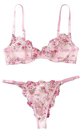 GORGLITTER Women's Floral Mesh Lingerie Set 2 Piece Adjustable Strap Underwire Sexy Bra and Panty Set Pink S