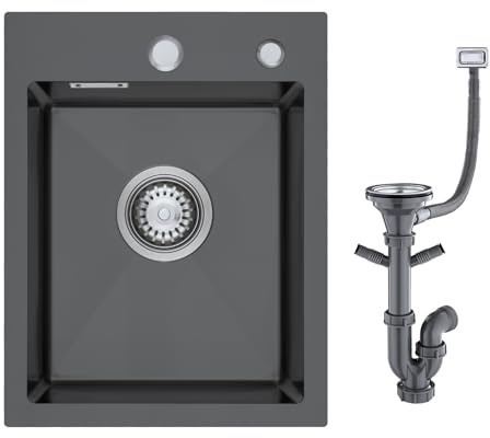 KINKIBOS Lavandino 304 in acciaio inox nero grigio 40 x 45 cm, lavello da incasso piccolo, lavello in acciaio inox con foro per rubinetto e troppopieno (senza sifone), lavello da cucina 1 vasca
