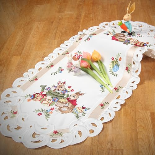 Ostern Tischläufer-Tischdecke Weiß mit Häschen Narzissen Stickerei Polyester ca. 40x90 cm