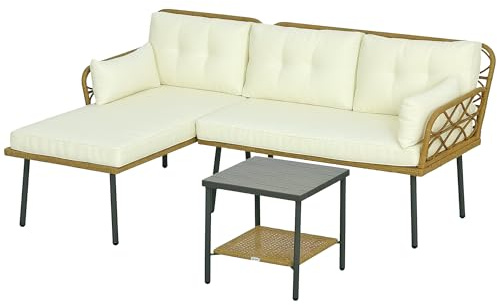 Outsunny Salotto in Rattan per Esterno da 3 Pezzi, Salottino da Giardino con Chaise Longue, Divano 2 Posti, Cuscini e Tavolino da Caffè, Crema