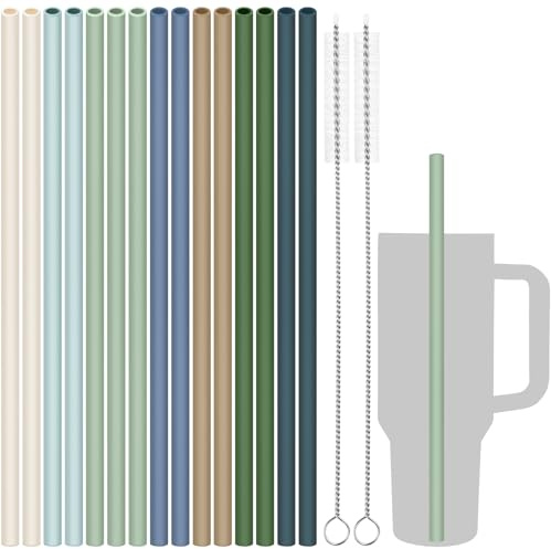 Tomorotec 15 Stück wiederverwendbare Silikonstrohhalme, 31 cm lang, mit 2 Reinigungsbürsten, passend für Stanley Cup 40oz, 30oz, 20oz, BPA-frei, spülmaschinenfest, zahnschonend.（Nature Colors）