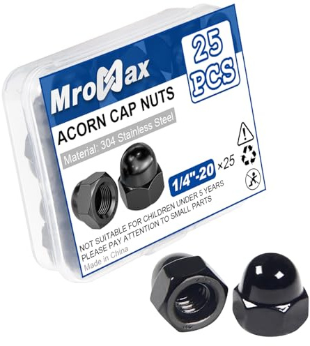 1/4-20 Black Acorn Cap Nuts, 25Pcs Acorn Nuts, 304 Stainless Steel(18-8) Crown Cap Nuts for Bolt, Dome Head Hex Nuts for Indoor Outdoor, Bright Finish, 7/16 in Hex Wd