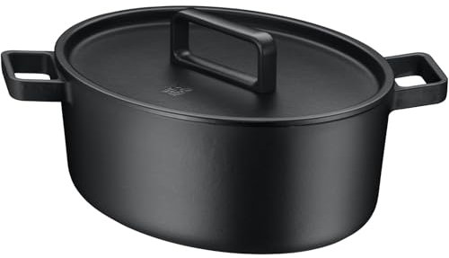 WMF Flavour Bräter oval 34 x 28 cm, Gusseisen Bräter Induktion, Gusseisen-Kochgeschirr, emailliert, Gusseisen Topf, Gussdeckel, Schmortopf, Deckel mit Kondensationsnoppen, moderne Eleganz, schwarz