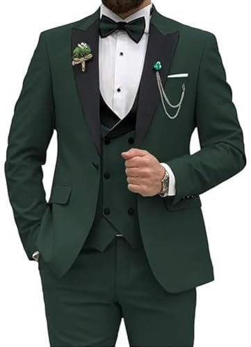 Herrkostym i 3 delar, kostym med åtsittande passform för bröllopsfest, bal, kostym med en knapp, set med jacka, väst och byxor, Mörkgrön, S