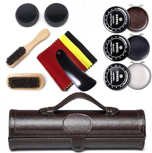 Shoe Polish Kit Cleaning Shine Care Barrel Set For Brown Black Leather With Brush Travel Case Luxury Premium Soft Horsehair Bristle Dauber, Wooden Applicator, Shoehorn, Cloth 12 Piece Brown Pouch