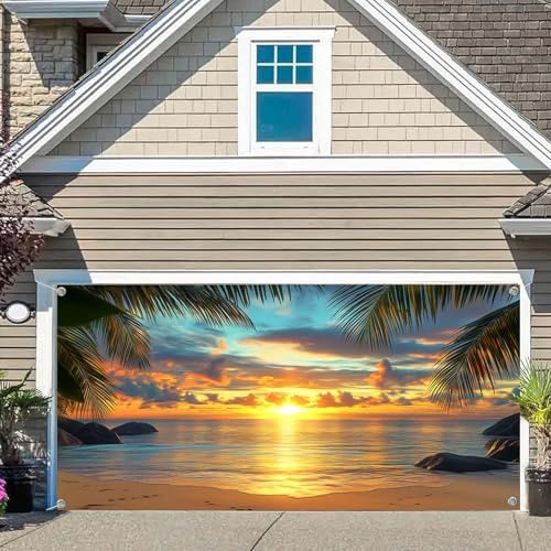 Decorazioni per porte da garage con tramonto e spiaggia, 4,6 x 2,7 m, Hawaii, mare tropicale, tramonto, paesaggio, garage, porta, sfondo, palme, palme, interni ed esterni, striscione per feste