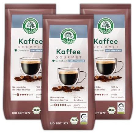 LEBENSBAUM 3 x Gourmet Bio Kaffee entkoffeiniert, gemahlen, Bio Kaffee aus Arabica -Bohnen gemahlen, Intensität 1/5, Harmonischer Hochlandkaffee, sanft, harmonisch, 3 x 250 g