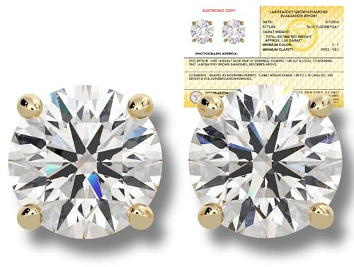 IGI Certified 1 Carat Round Lab Grown Diamond Stud Earrings For Women & Men, VVS2 Clarity E Color, 14K Yellow Gold Four-Prong Screw Back