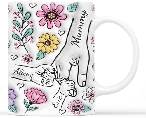 Personal Chic Personalised Mummy and Kids Holding Hands Flowers Mug - Personalised Mothers Day Gifts, Mothers Day Mug, Mothers Day Gifts for Mum, Custom Mum Mug
