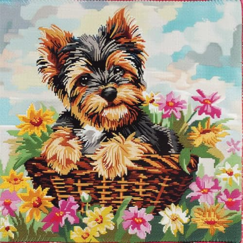 Kitquiver Knüpfen Set Anfänger Yorkshire Terrier Hund Tier Im Blumenkorb Häkel-Handarbeiten Mit Knüpfwerkzeug Für Erwachsene,Diy-Kissen-Sets Für Heimdekoration 17x17In