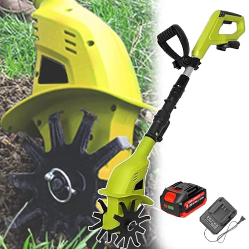 ZGHQHCDRH 21V Electric Cordless Tiller Cultivator, 8000rpm Handheld Soil Tiller Rotavator, With Rechargeable Lithium Battery, Soil Tiller Rotavator,For Farm,Yard,Lawn(2 Battery)
