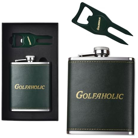Shanker Golf - Flasque et outil de divot – Flasque Golfaholic et ensemble d'outils de divot 4 en 1 – Cadeaux de golf amusants pour homme – Marqueur de balle, nettoyeur de rainures et décapsuleur