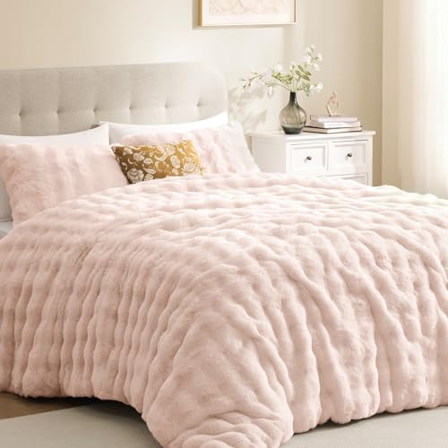 downluxe King Size Comforter Set, Fluffy Comforter Faux Fur Comforter King Set, Faux Rabbit Fur Winter Bedding Set with 2 Pillowcases, Light Pink