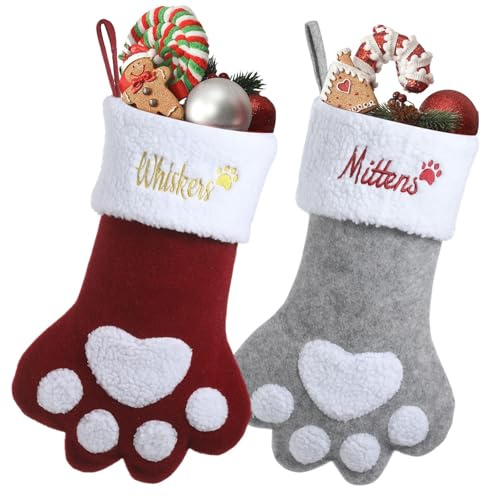 Lifemaison Haustier Weihnachtsstrumpf Personalisiert Name für Hund Katze 44cm große Christmas Stockings Pfotenform Nikolausstrumpf zum Aufhängen am Kamin für Party Weihnachten Deko