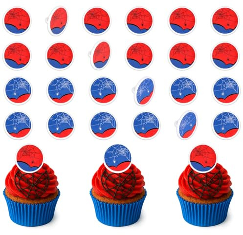 24 Stück Spinnen-Cupcake-Ringe, Rot-Blaue Spinnen-Kuchendekorationen für Kinder Jungen und Mädchen Motto-Geburtstagsparty Gastgeschenke Klassenzimmer-Preise Dessert-Topper