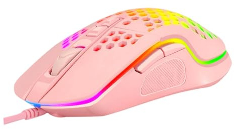 HIAKDOFT Souris de Jeu Filaire Ajourée Lumineuse pour PC et Ordinateur Portable, Ergonomique, 4 Niveaux Dpi Réglables, Couleur Rose, Adaptée Gamers et Usage Bureautique
