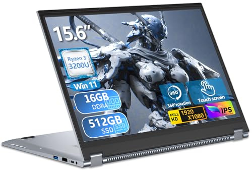 15,6 Pouces Ordinateur Portable 2 en 1 Écran Tactile avec Ryzen 3 3200U Processeur, Win 11 PC Portable 16Go RAM 512Go SSD 360° Rotation 1080P FHD IPS Écran, léger Laptop avec RJ45, Type-C, USB 3.0