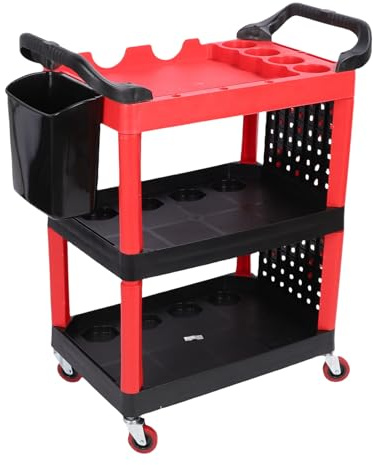 CHICIRIS Chariot à Outils, Chariot de Détail Automatique à 3 Niveaux Carte de Voitures de Lave-Auto Détails avec 3 Plateaux 2 Percons 15 Crochets 440lbs Capacité pour Le Garage Atelier