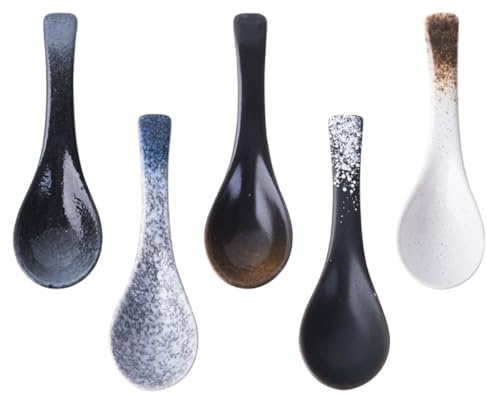 LALAFINA 5 Cucharas Soperas de Cerámica Estilo Japonés Multicolor, Cucharas para Sopa y Arroz Pequeñas, Utensilios de Cocina Multiusos para Hogar y Restaurante, Aptas para Papilla y Ramen