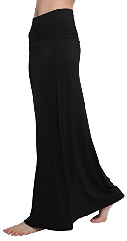 Urban CoCo Women's Stylish Spandex Comfy Fold-Over Flare Long Maxi Skirt (S, Black)