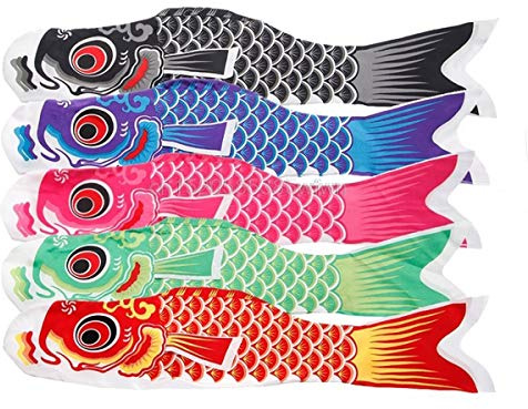 Ulable Fünffarbige Karpfenflagge, bunt, japanischer Stil, Fischflagge, japanischer Karpfenwindsack, 5 Farben, 55 x 13,5 cm