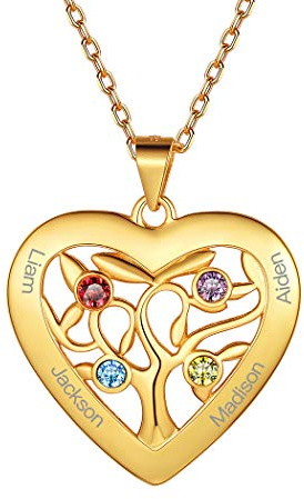 Suplight Collana Donna Oro con Albero della Vita Cuore in Argento 925 Collana Personalizzata con Pietra di Nascita e Nome Regalo Per Donna e Ragazza