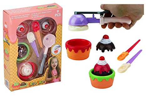 Ice Cream & Cake Pretend Playset Food Role Play Toy For Kids Children Dessert Ice Cream Scoop Cone Cupcakes With Accessories Multicoloured Toddler Gift, Plastic, Age 3+ (9 Piece Set)