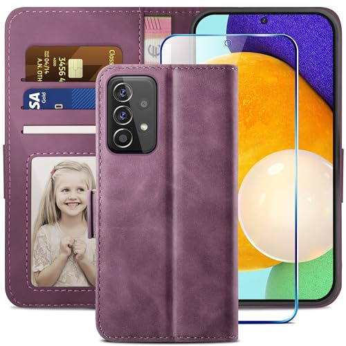 YATWIN Samsung Galaxy A52s/A52 5G Case, Samsung A52s/A52 Flip Wallet Leather Case with Tempered Glass Screen Protector and Card Slot Kickstand Phone Cases Cover for Samsung A52s/A52 5G - Wine Red