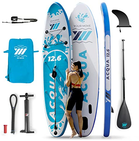YM Aufblasbares SUP Premium 381 x 82 x 15 cm 372 Liter, max. 180 kg, 3D-Technologie Drop Stitch HD + STL-Fusion, Ringe, Rucksack, Leash und Zubehör, italienische Marke, Stand Up Paddle weiß