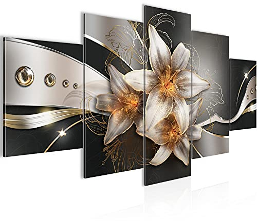 Runa Art Wandbilder Blumen Lilien 5 Teilig Bild auf Vlies Leinwand Deko Wohnzimmer Abstrakt Gelb Gold 039652a