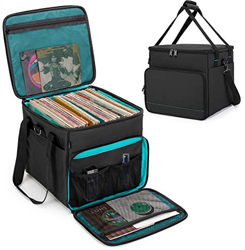 LoDrid Borsa per il trasporto di dischi in vinile con fondo imbottito in legno Custodia per album con 2 divisori rimovibili Contiene fino a 60 dischi LP per viaggi e collezioni (solo borsa)