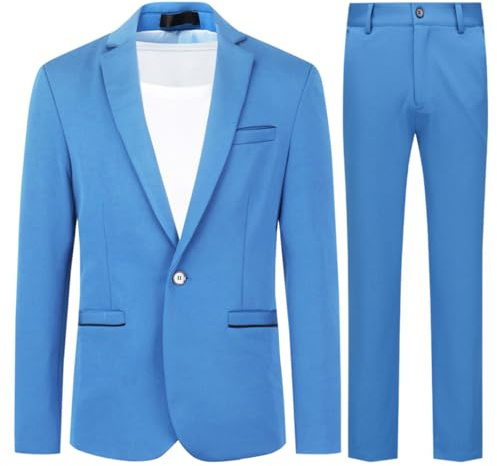 Allthemen Slim Fit Costard 2-delad herrkostym med en knapp business för bröllop, Färg: blå, S